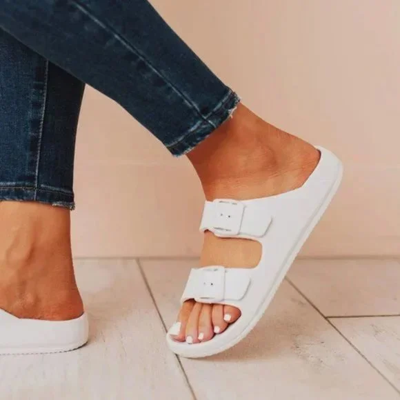 NEW Adjustable Double Buckled Straps Comfy Slip On Slides Slippers Sandals White - Picture 9 of 12